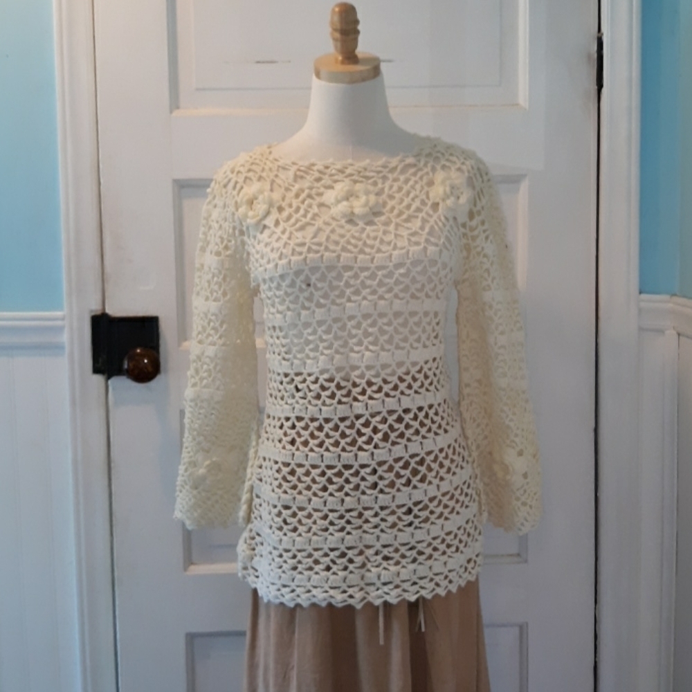Vintage crocheted cover up sweater 1960s 1970s retro boho handmade